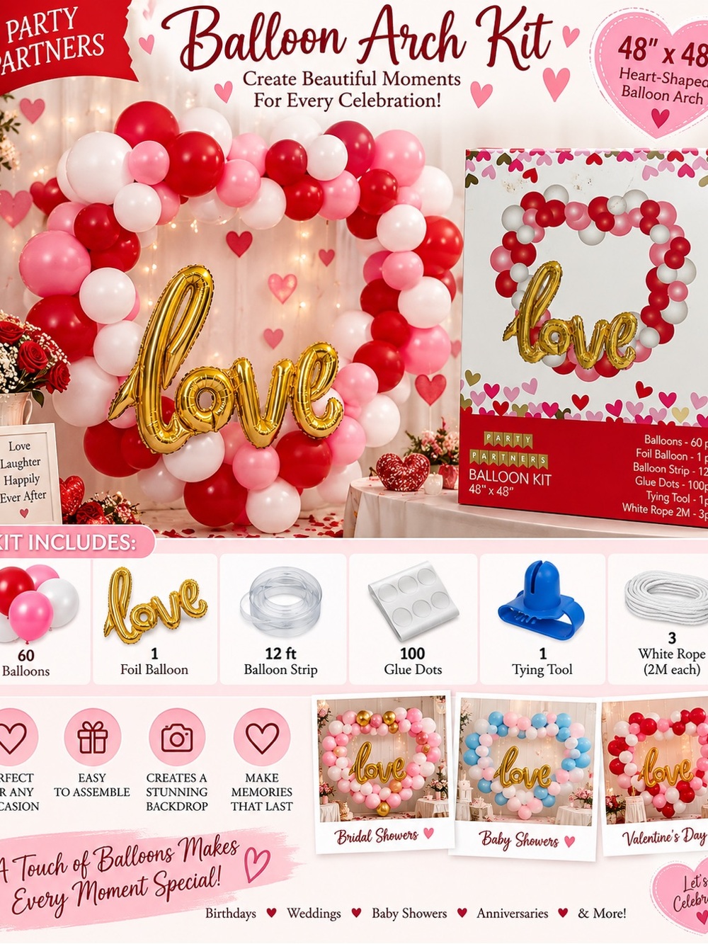 Heart Balloon Arch Kit with Gold 'Love' Foil Balloon - Pink, Red, White